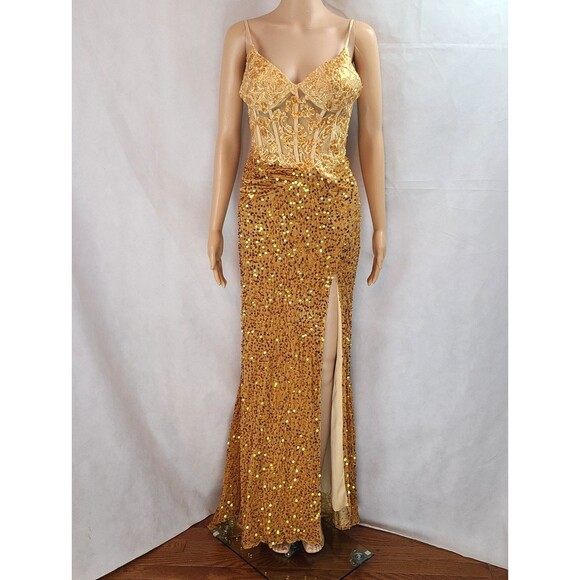 New Prom Special Occasion (0) Gold Velvet Embroidered & Sequin Corset Maxi Dress - Picture 2 of 10
